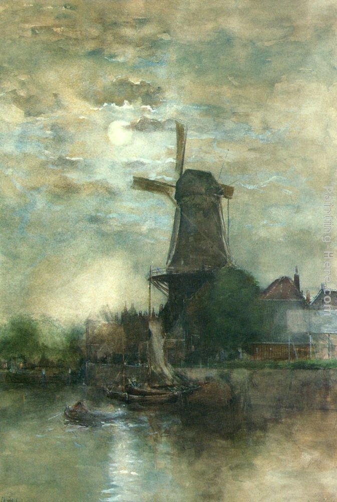Fredericus Jacobus Van Rossum Chattel A Moonlit Windmill